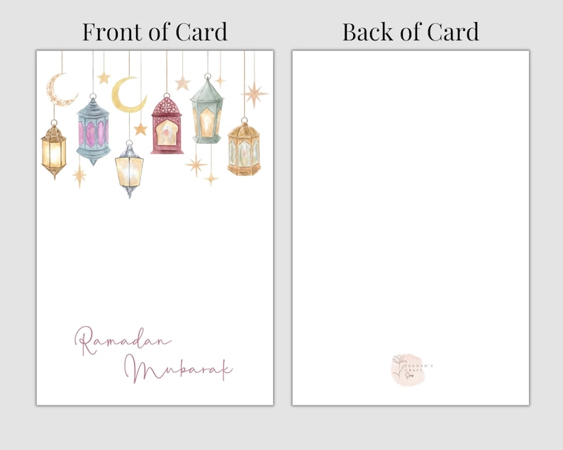 May include: A card with a front and back. The front features a watercolor illustration of hanging lanterns and stars with the text "Ramadan Mubarak". The back is blank with a small logo in the bottom right corner.