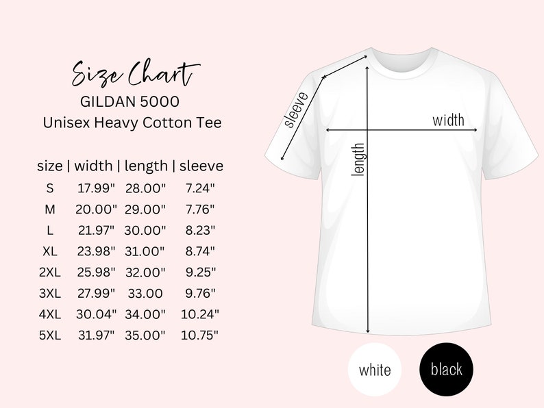 Op de afbeelding: Maattabel voor de Gildan 5000 Unisex Heavy Cotton Tee met metingen in inches voor breedte, lengte en mouwlengte voor maten S tot en met 5XL. De tabel toont een wit T-shirt met zwarte tekst.