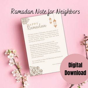 Carte imprimable Happy Ramadan, carte imprimable Ramadan pour les voisins, carte d'information Ramadan, carte de voeux Ramadan, imprimable 4x6, carte de plateau Iftar