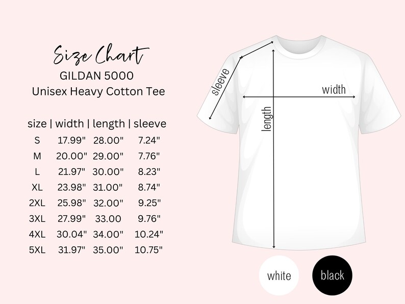 以下が含まれることがあります： Gildan 5000 ユニセックスヘビーコットンTシャツのサイズチャート。Sから5XLまでのサイズで、幅、長さ、袖丈の寸法がインチで表示されています。