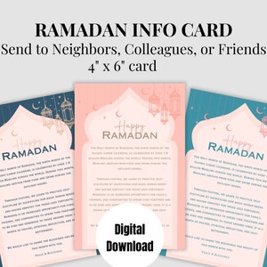 May include: Three printable Ramadan info cards with a pink, blue, and teal background. Each card features a pink arch with a crescent moon and gold lanterns. The text on the cards reads "Happy Ramadan" and includes information about the holy month of Ramadan.