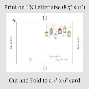 May include: Printable card template for Ramadan Mubarak. The design features colorful lanterns and stars on a white background. The card is 8.5 inches by 11 inches and folds to create a 4 inch by 6 inch card.