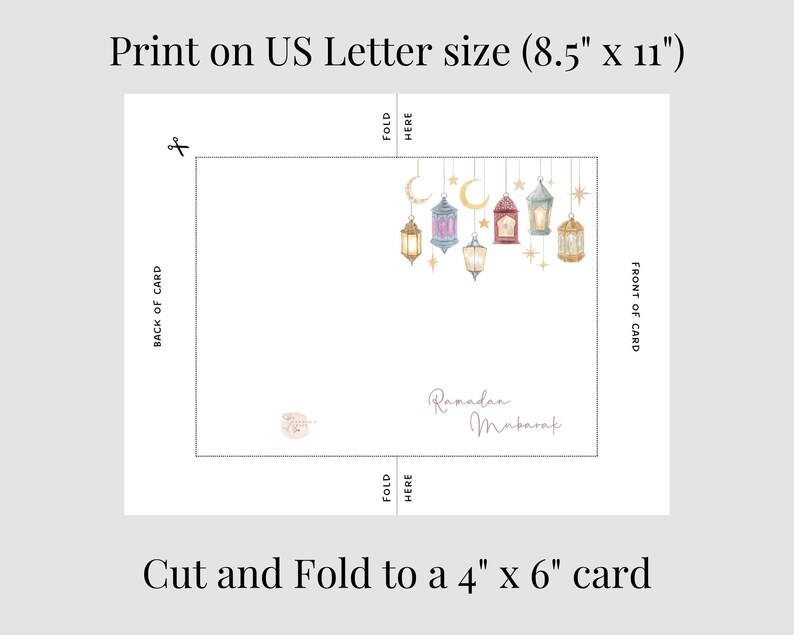 May include: Printable card template for Ramadan Mubarak. The design features colorful lanterns and stars on a white background. The card is 8.5 inches by 11 inches and folds to create a 4 inch by 6 inch card.