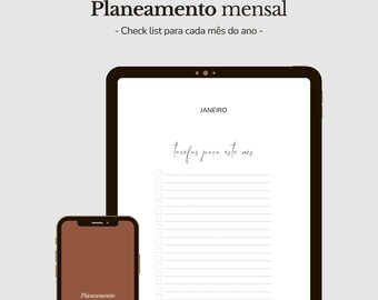 Könnte beinhalten: Ein digitaler Planer mit braunem Hintergrund und dem Text "Planeamento Mensal" auf einem Telefonbildschirm. Der Planer ist für den Monat Januar geöffnet und hat eine Checkliste mit dem Titel "Tarefas para este mes".