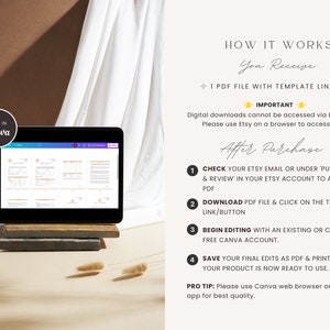 May include: A laptop screen displaying a digital planner template with a brown background. The text on the screen reads "EDIT IN Canva". The image also includes text that explains how to access and edit the digital planner template.