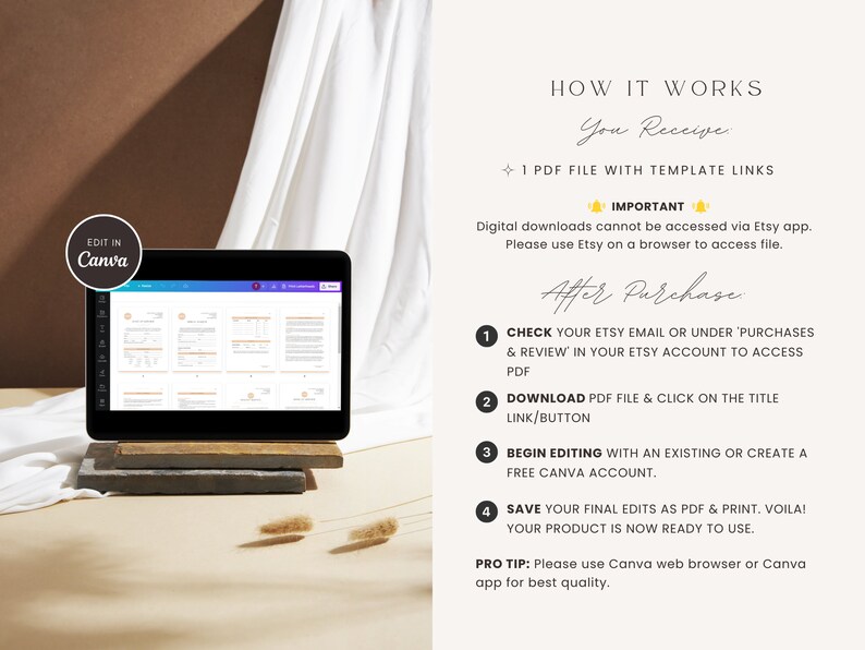 May include: A laptop screen displaying a digital planner template with a brown background. The text on the screen reads "EDIT IN Canva". The image also includes text that explains how to access and edit the digital planner template.