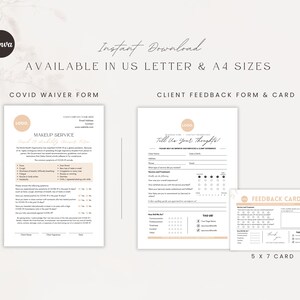 May include: A set of printable forms for a makeup service business. The forms include a COVID-19 waiver, a client feedback form, and a feedback card. The forms are available in US Letter and A4 sizes.