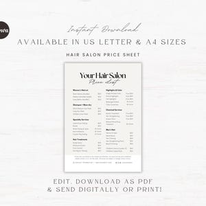 May include: A printable hair salon price list with the text "Your Hair Salon Price List" in a stylish font. The document is available in US Letter and A4 sizes. The image also includes the Canva logo and the text "Instant Download".
