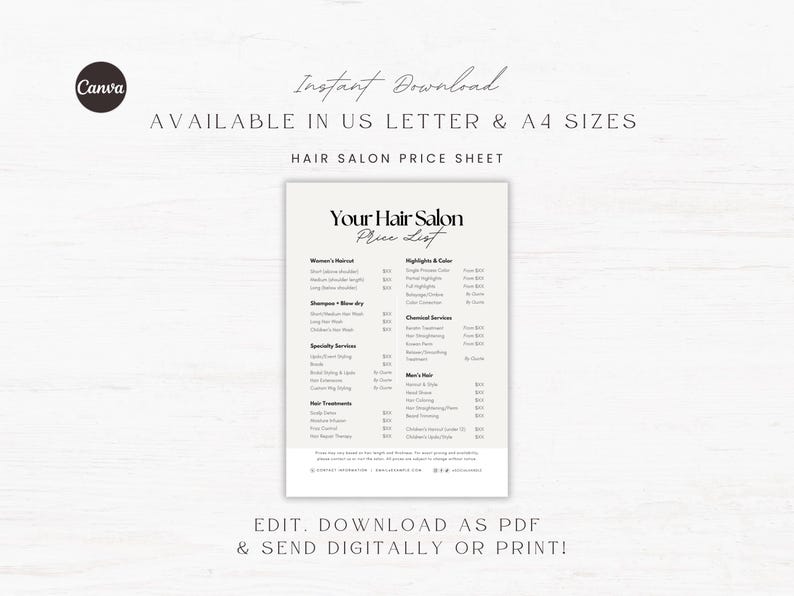 May include: A printable hair salon price list with the text "Your Hair Salon Price List" in a stylish font. The document is available in US Letter and A4 sizes. The image also includes the Canva logo and the text "Instant Download".
