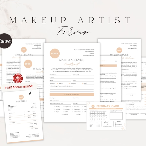 Makeup Artist Bundle Forms | Makeup Contract Agreement | Professional MUA Forms | Bridal MUA Contract | Documents for Makeup Artist