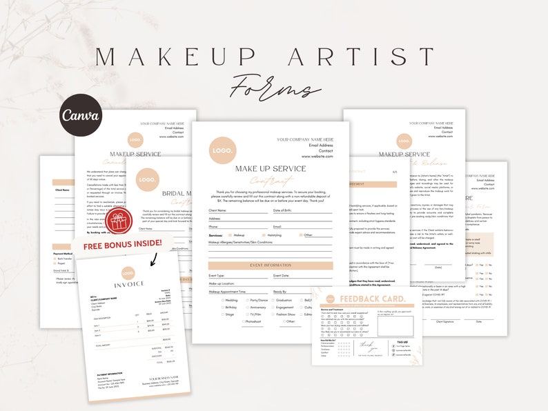 May include: A set of printable forms for makeup artists. The forms include a makeup service contract, a bridal makeup service contract, an invoice, and a feedback card. The forms are designed in a minimalist style with a peach background and black text.