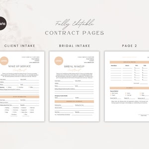 May include: A set of three printable contract pages for a makeup artist. The pages are titled "Client Intake", "Bridal Intake", and "Page 2". The pages are designed in a minimalist style with a light brown and white color scheme. The pages include sections for client information, service details, payment information, and a signature line.