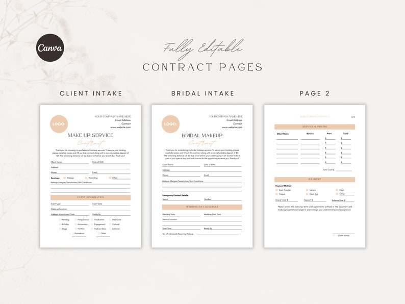 May include: A set of three printable contract pages for a makeup artist. The pages are titled "Client Intake", "Bridal Intake", and "Page 2". The pages are designed in a minimalist style with a light brown and white color scheme. The pages include sections for client information, service details, payment information, and a signature line.