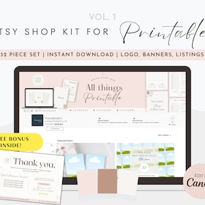 Może przedstawiać: Ekran laptopa wyświetlający makietę sklepu Etsy z produktami do druku. Sklep nazywa się "Printables&Co" i ma różowo-białą kolorystykę. Na ekranie wyświetla się tekst "All things Printable". Obraz zawiera również kartkę z podziękowaniem i informację o darmowym bonusie w środku.