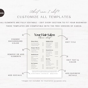 May include: A customizable hair salon price list template with the text "Your Hair Salon Price List". The template allows users to edit all elements, including text, color, and background. Compatible with Canva.