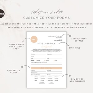 May include: A customizable template for a makeup service contract. The template includes sections for business details, event information, and client information. The template is editable in Canva.