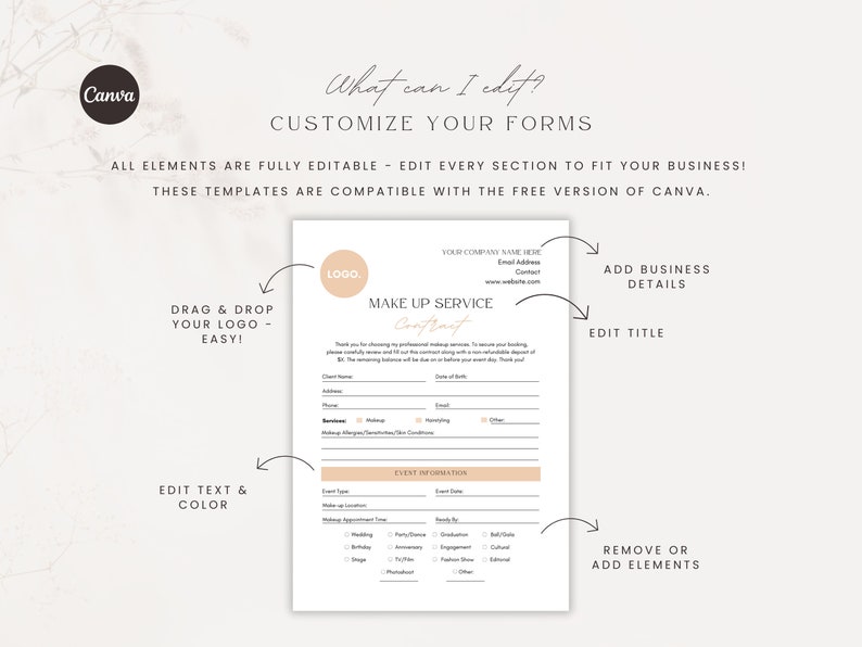 May include: A customizable template for a makeup service contract. The template includes sections for business details, event information, and client information. The template is editable in Canva.