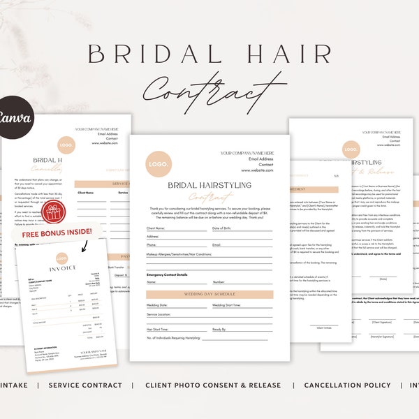 Bridal Hair Contract Template  | Wedding Hairstyling Agreement | Bridal Hairstylist Contract | Bridal Party Hair Styling Service Agreement