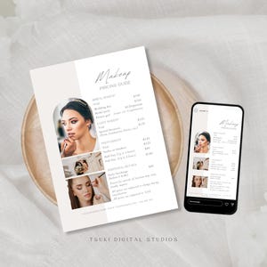 Paquete de precios de maquilladores / Lista de precios de maquillaje para bodas editable / Plantilla de precios de servicios de belleza personalizable / Folleto de hoja de precios de maquillaje