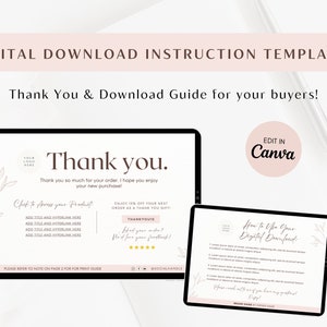 Könnte beinhalten: Eine digitale Download-Anleitungsvorlage für Etsy-Verkäufer. Die Vorlage enthält eine Dankesnachricht, eine Download-Anleitung und eine Anleitung zur Verwendung. Die Vorlage ist für die Bearbeitung in Canva konzipiert.