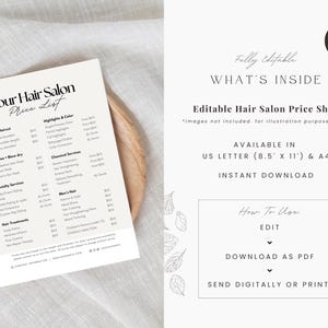 May include: A beige hair salon price list on a wooden plate. The price list includes services such as haircuts, shampoo, specialty services, and hair treatments. The text "Your Hair Salon Price List" is at the top.