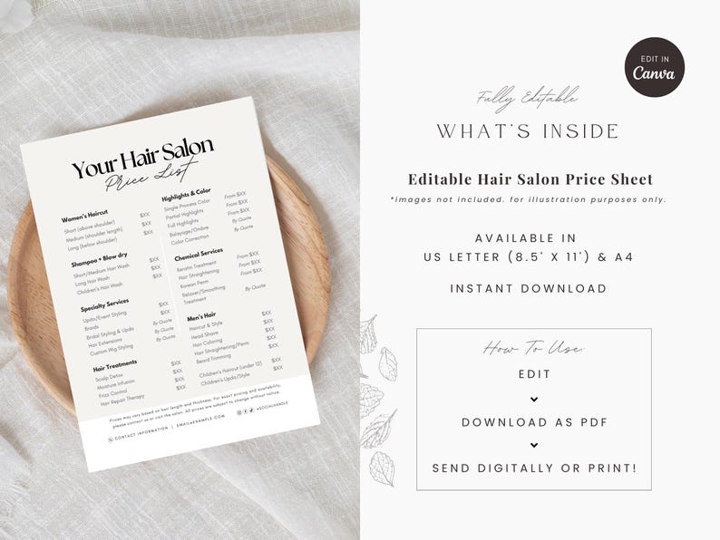 May include: A beige hair salon price list on a wooden plate. The price list includes services such as haircuts, shampoo, specialty services, and hair treatments. The text "Your Hair Salon Price List" is at the top.