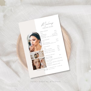 May include: A white and gray makeup pricing guide with a photo of a woman getting her makeup done. The guide lists prices for bridal makeup, wedding day makeup, event makeup, and other services. The text "Makeup Pricing Guide" is at the top of the page.
