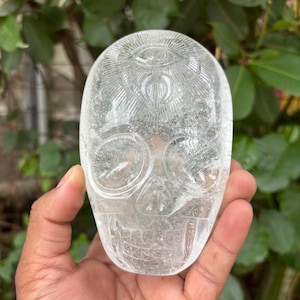 Crystal Palm Skull - Hand-Carved Clear Quartz Skull with Symbols for Healing Energy - Unique Home Decor, Meditation & Any Occasion
