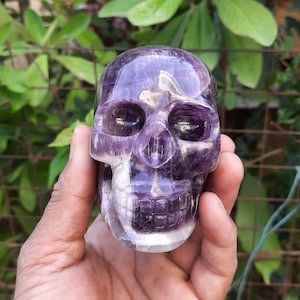 Dream Amethyst Skull Human Skull figurine Meditation Skull | Mystical Gemstone Skull, Unique Crystal Art Display, Spiritual Meditation Gift