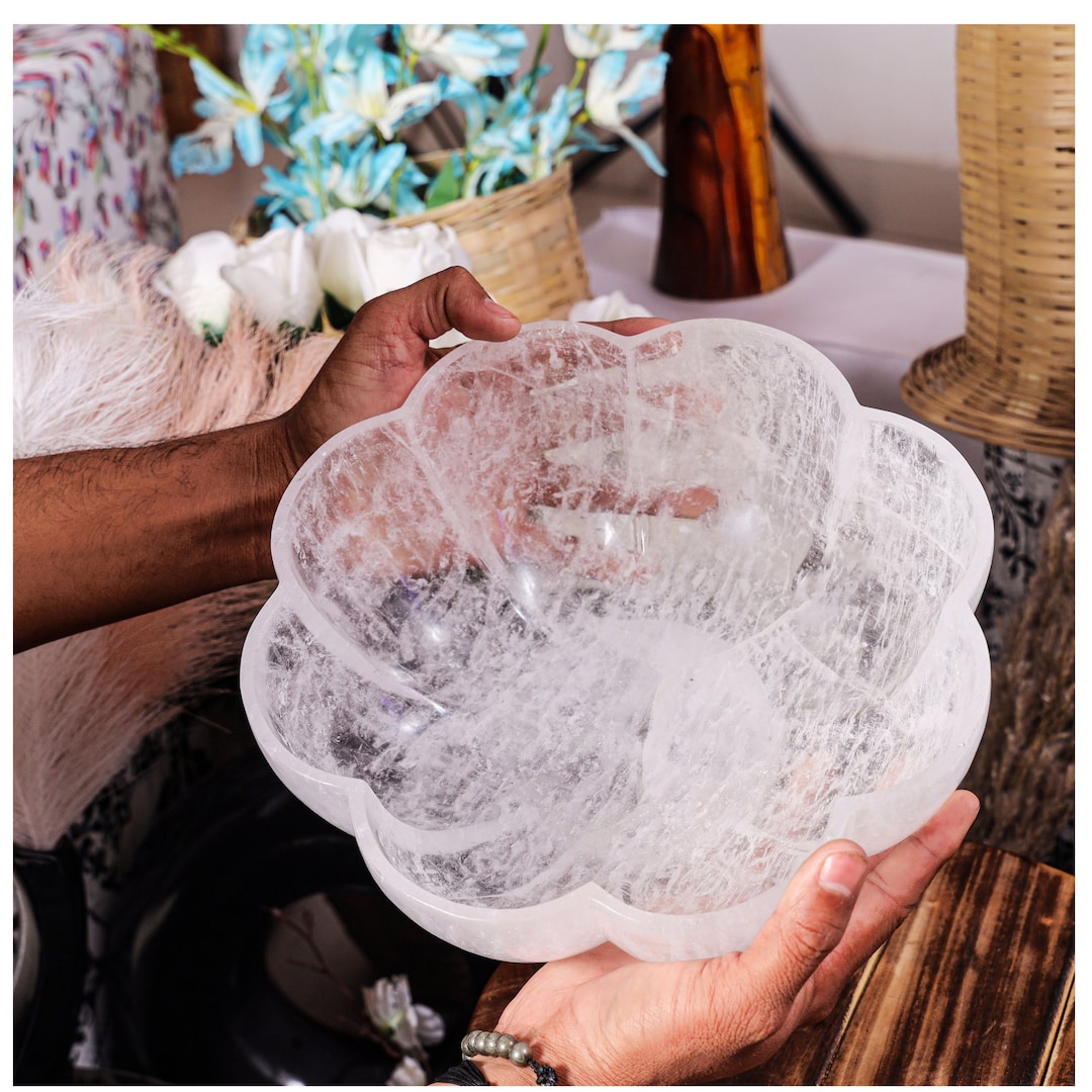 Natural Rock Crystal Bowl - Hand Carved Quartz Stone Decor, Unique ...