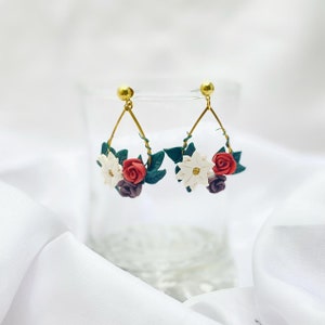 Mini poinsettia floral drop earrings for Christmas | Clay earrings | Polymer clay Christmas earring | Nickel free