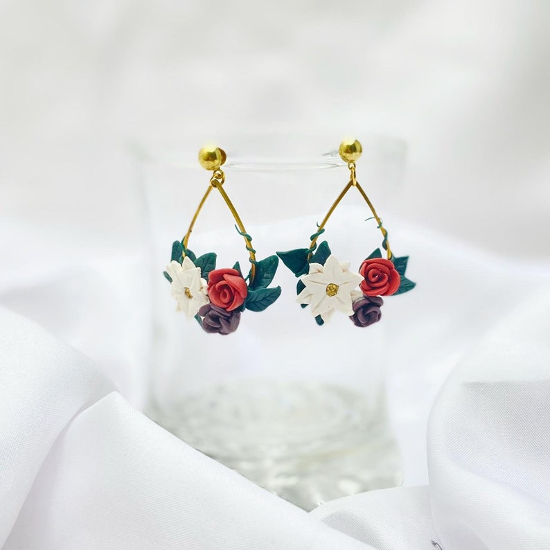 Mini poinsettia floral drop earrings for Christmas Clay earrings Polymer clay Christmas earring Nickel free image 1