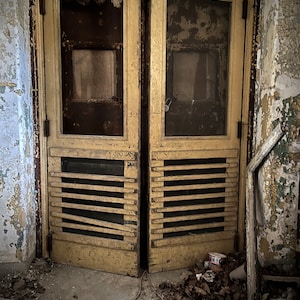 Puede incluir: Un par de puertas de madera amarilla desgastadas con una pantalla y un fondo de listones. Las puertas est&aacute;n ligeramente entreabiertas y est&aacute;n colocadas en una pared de ladrillo en ruinas.