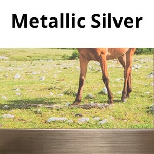 Pu&ograve; includere: Una cornice argentata metallizzata con la vista di un cavallo in un campo erboso. Il testo "Metallic Silver" &egrave; nella parte superiore della cornice. La cornice ha una finitura metallica.