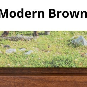 Puede incluir: Un marco de fotos de madera con un acabado marr&oacute;n. El marco muestra una impresi&oacute;n de un campo de hierba verde con rocas.