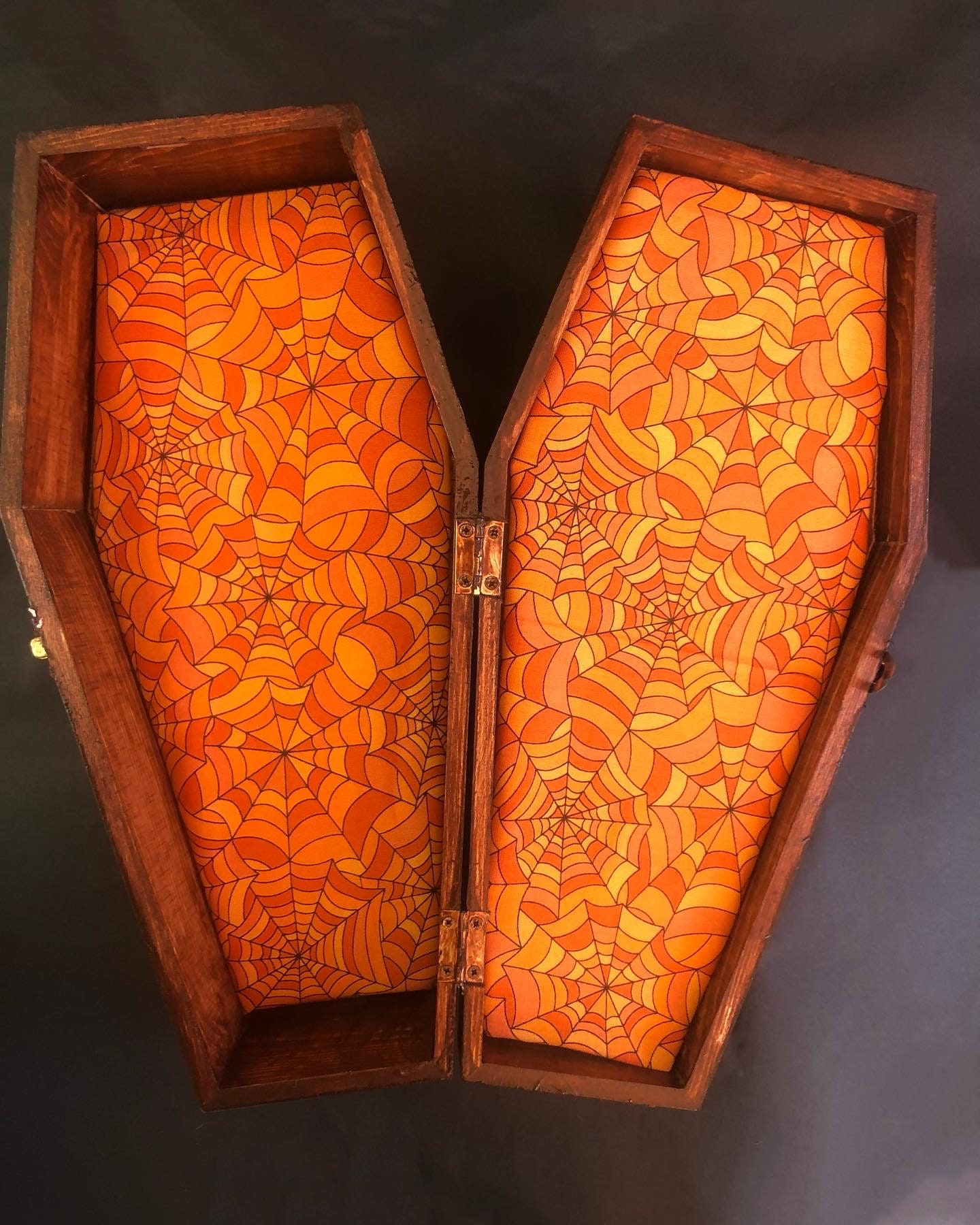 Gunshot Stain Coffin Box with Orange Spider Webs