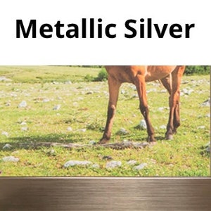 K&ouml;nnte beinhalten: Ein gerahmtes Foto eines braunen Pferdes, das auf einer gr&uuml;nen Wiese steht. Der Rahmen ist silberfarben.