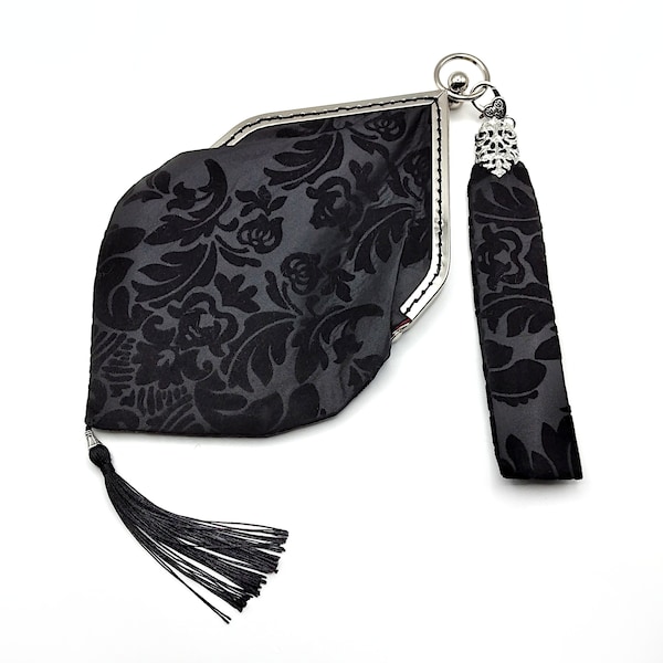 Black Flocked Damask Taffeta Frame Purse w/ Red Satin Lining & Silver Accents- Gothic Wristlet, Chatelaine Purse, Victorian Evening Bag