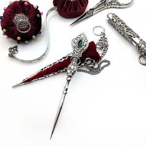 Ornate Sewing Awl Stiletto w/ Velvet Flocked & Filigree Holder for Chatelaine- Stitch Setting Tool, Laying Tool, Sewing Chatelaine Tools