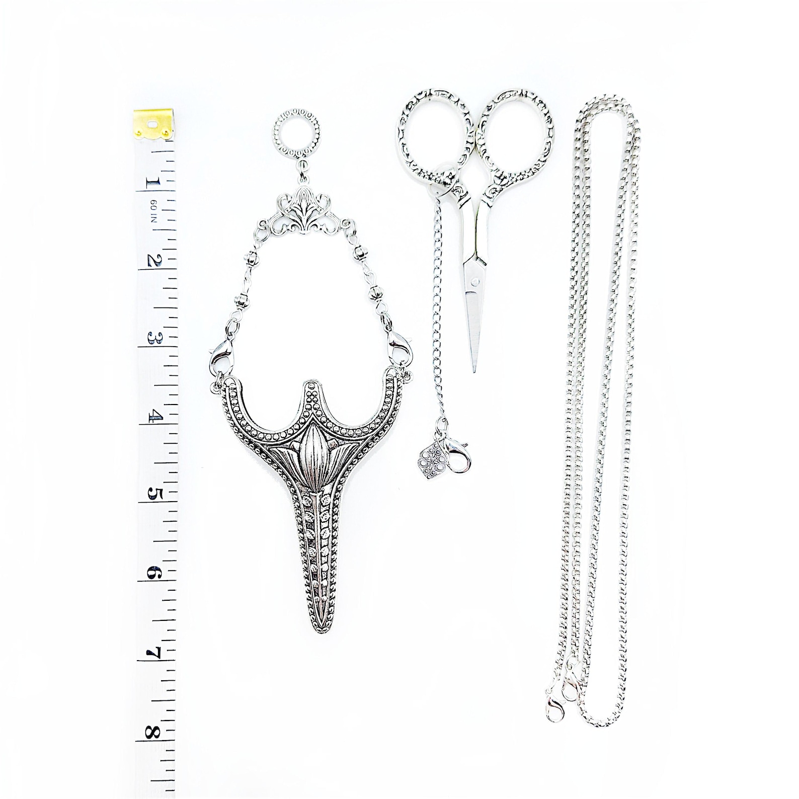 Chain Sheath Ornately Embossed Embroidery Scissor & Metal Sheath Set W/ Safety Chain ...