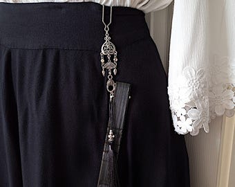 Elegant Hand Fan Chatelaine w/ Rhinestone & Silver Charm Accents- Victorian Fan Holder, Folding Fan Accessories, Pocket Watch Holder