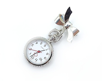 Victorian Style Fob Watch, Bow Brooch w/ Mini Watch- Vintage Watch Pin, Bow Brooch Watch, Lapel Watch, Nurse Brooch (2 Styles)