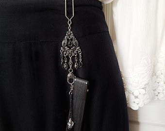 Gothic Hand Fan Chatelaine w/ Faux Marcasite & Onyx Faceted Gem Accents- Victorian Fan Holder, Folding Fan Accessories, Pocket Watch Holder