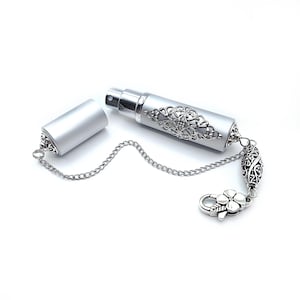 Vintage Style Perfume Spray Atomizer w/ Refillable Glass Bottle Insert & Filigree Chain- Chatelaine Scent Bottle, Perfume Bottle Pendant