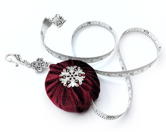 Velvet Covered Retractable Tape Measure, Embellished w/ Silver Filigree, for Chatelaine- Sewing Tools, Gift for Seamstress (5 Colors)