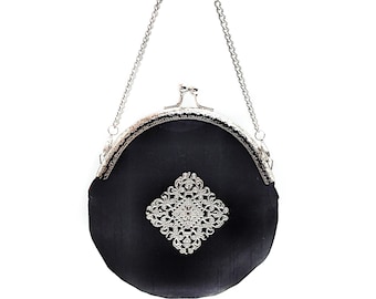 Black Faux Silk Dupioni Chatelaine Coin Purse w/ Filigree Medallion Accent & Removable Silver Chain- Coin Purse Pendant, Vintage Coin Purse