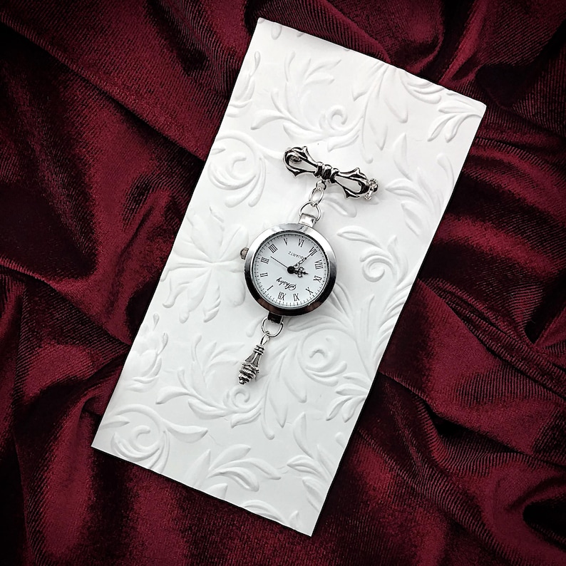Victorian Style Fob Watch Brooch w/ Ornate Drop Ornament- Vintage Watch Pin, Bow Brooch Watch, Lapel Watch Pin, Nurse Brooch (2 Styles) Style #1: Scrolled