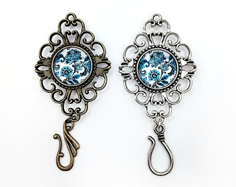 Vintage Style Magnetic Chatelaine Brooch w/Single Large Hook, Embellished with Blue/ White Glass Cabochon (Silver or Bronze)- Knitting Pin