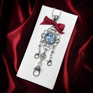 Silver Chatelaine Necklace w/ Blue & White Floral Glass Cabochon and Filigree Charms- Sewing Chatelaine, Mini Chatelaine