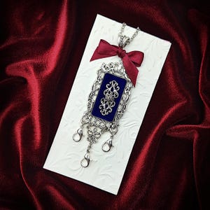 Victorian Picture Frame Shaped Chatelaine Necklace w/ Velvet Flocking & Filigree Charms- Sewing Chatelaine, Mini Chatelaine (2 Colors)